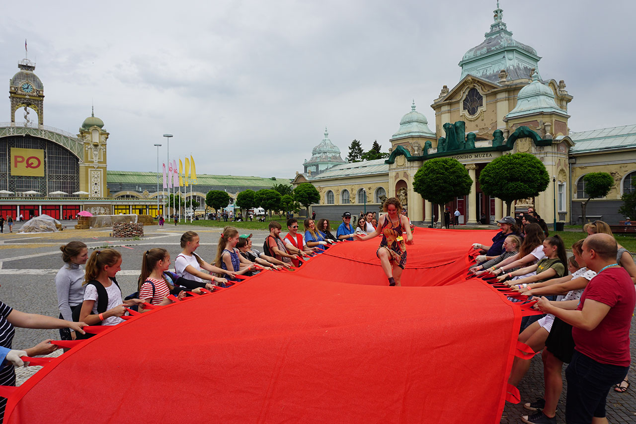 Red Crossing. Participatory public performance. Group exhibition: "Formations", Prague Quadrennial 2019, Prague Exhibition Grounds (Výstaviště Praha), Prague, Czech Republic.
